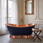 Load image into Gallery viewer, Slanting Base Copper Bathtub Copper Interior &amp; on Base RAL5022 Night Blue Exterior
