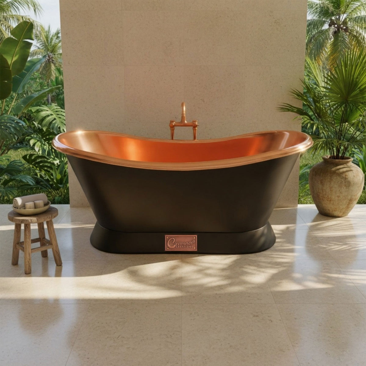 Slanting base copper bathtub full black exterior