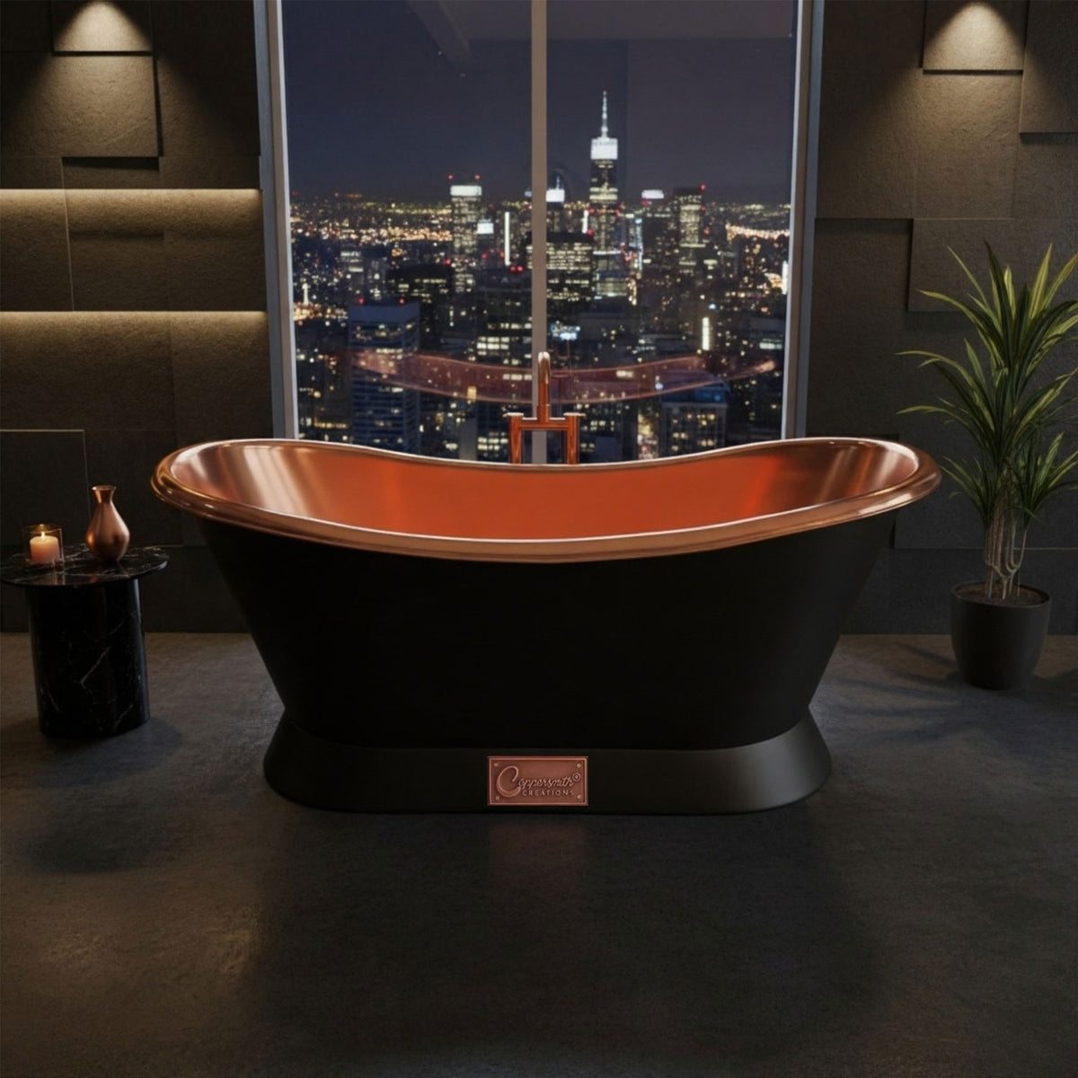 Slanting base copper bathtub full black exterior