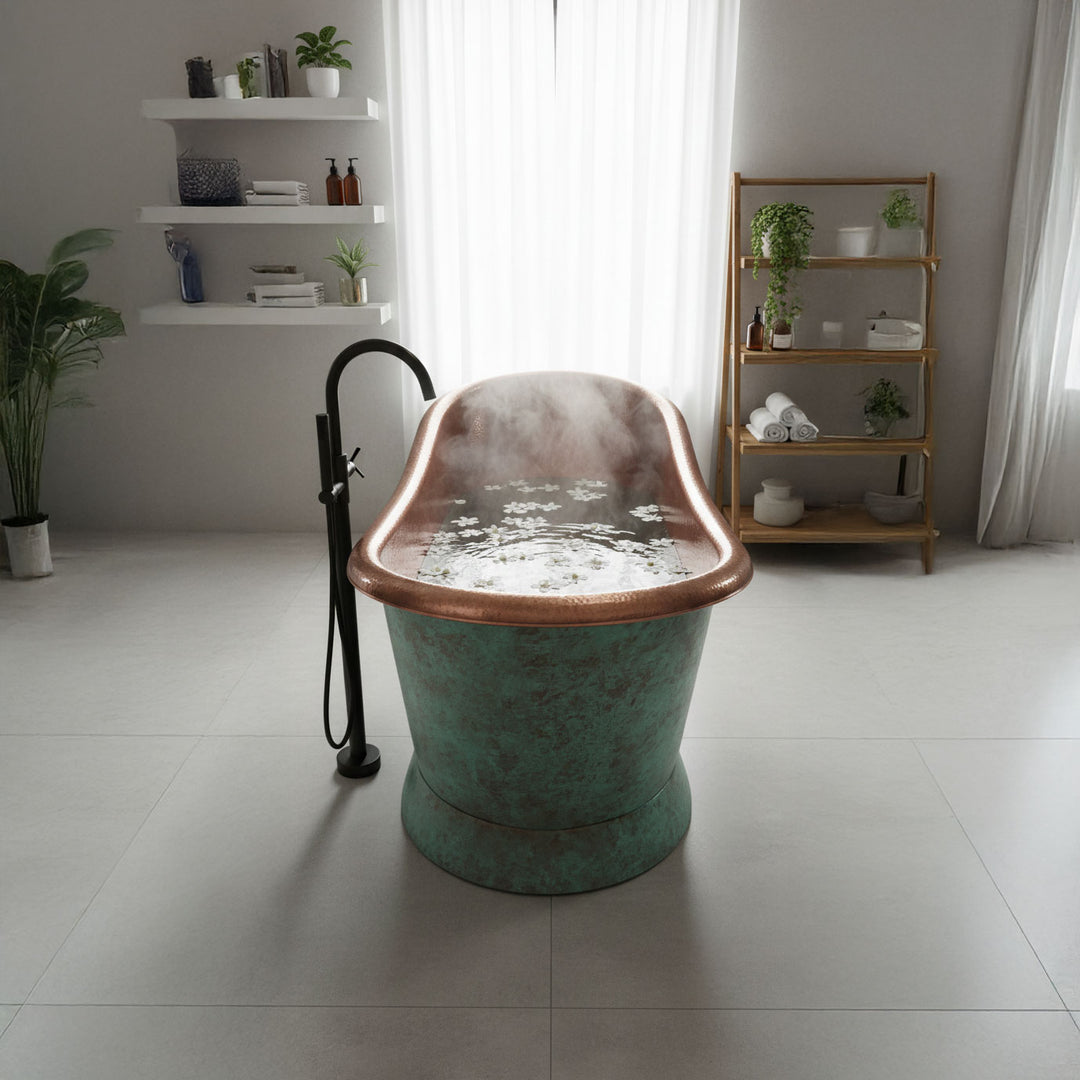 Slanting Base Copper Bathtub Hammered Antique Copper Interior & Patina Exterior Finish