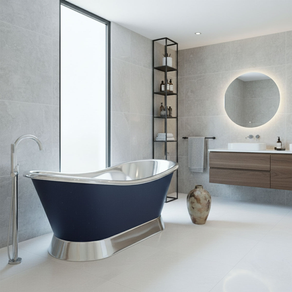Slanting base copper bathtub nickel inside & on base ral5022 night blue outside