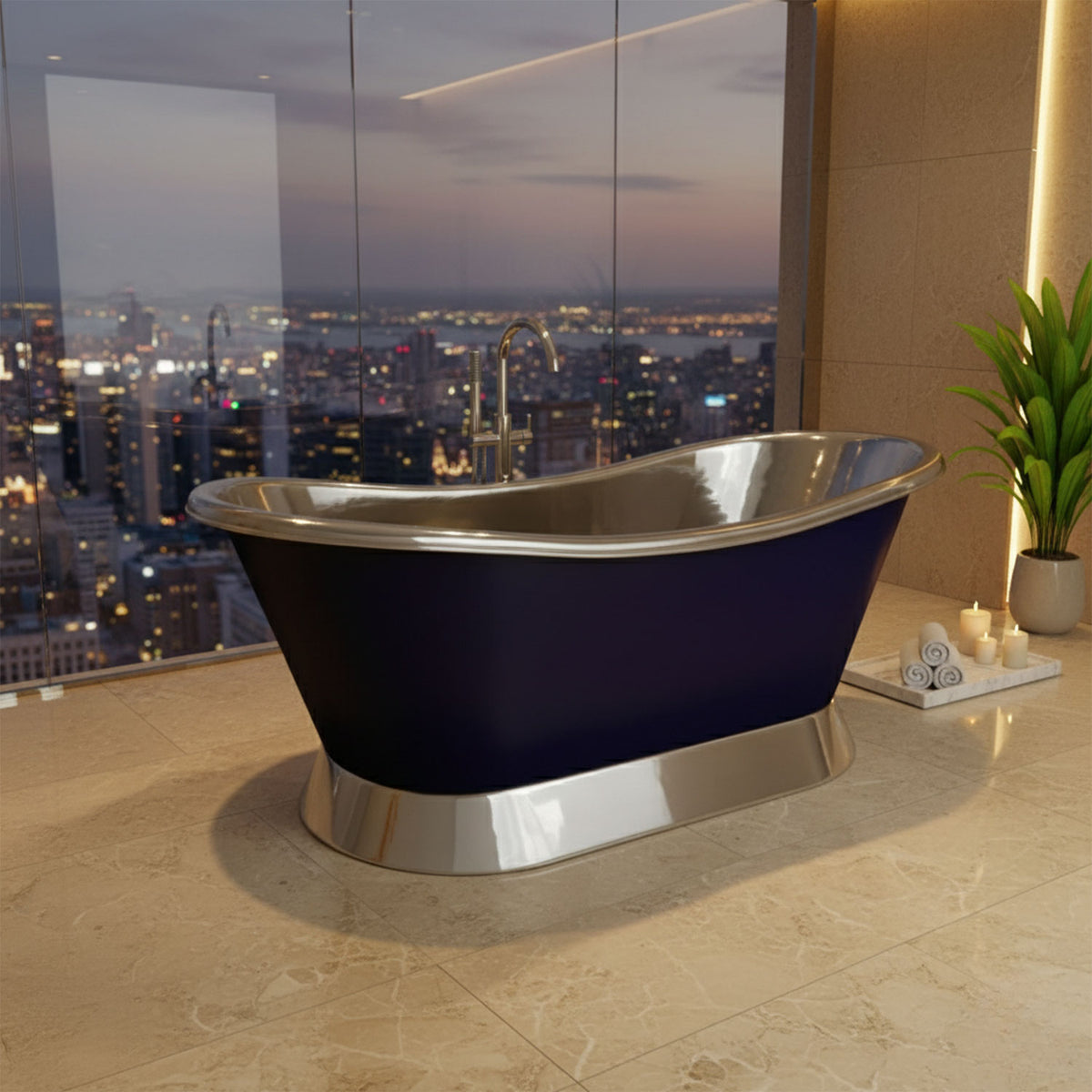 Slanting base copper bathtub nickel inside & on base ral5022 night blue outside