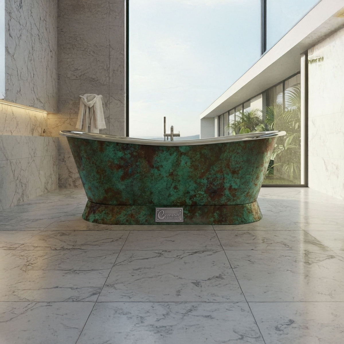 Slanting base stainless steel bathtub weathered patina exterior