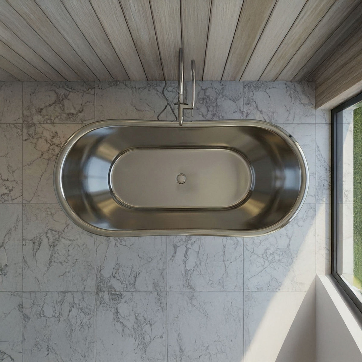 Slanting base stainless steel bathtub weathered patina exterior