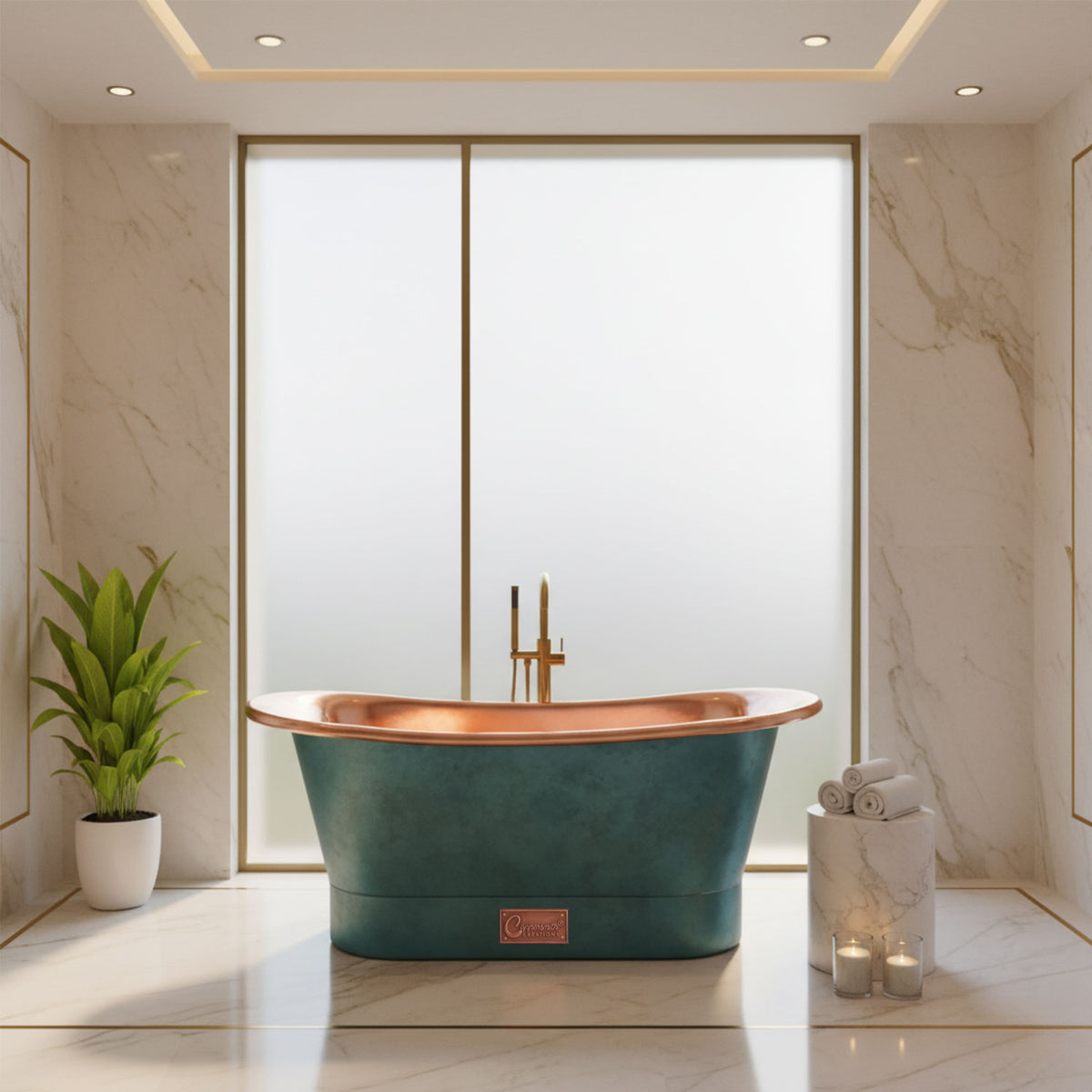 Straight base copper bathtub polish copper inside & patina exterior
