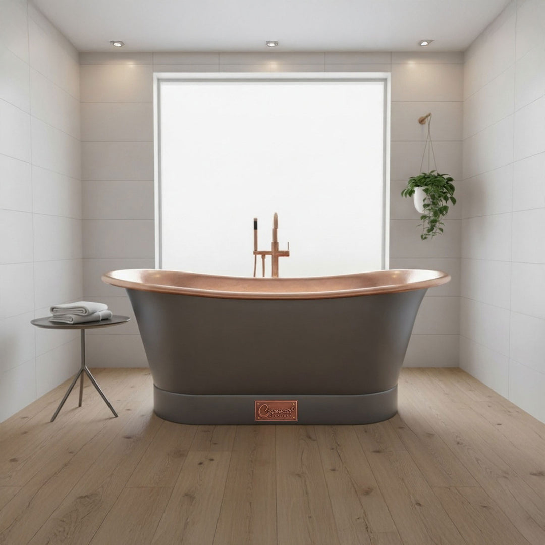Straight Base Copper Bathtub Polished Copper Interior & RAL7021 Black Grey Exterior