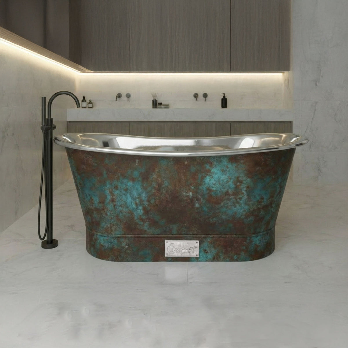 Straight base stainless steel bathtub weathered patina exterior finish