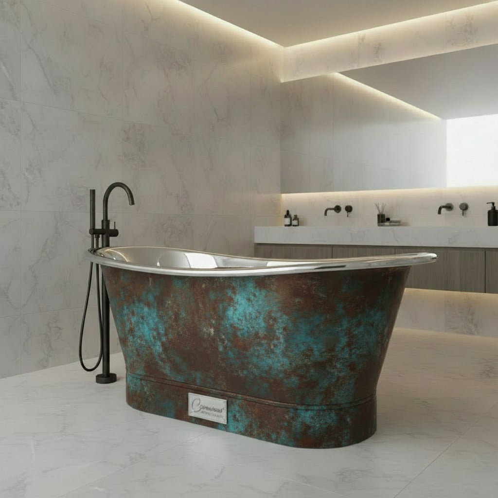 Straight base stainless steel bathtub weathered patina exterior finish