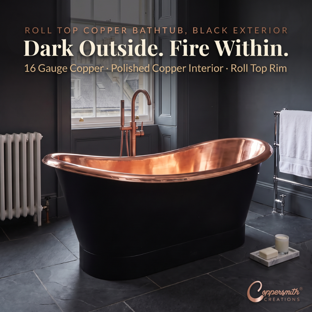Roll Top Copper Bathtub Inside Polish Copper Outside Black