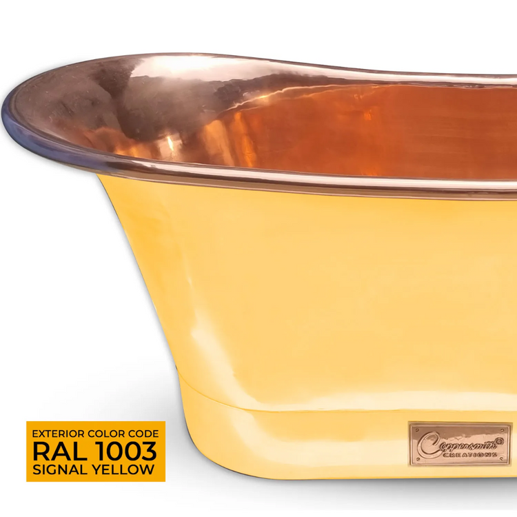 Straight Base Copper Bathtub Polished Copper Interior & RAL 1003 Signal Yellow Exterior