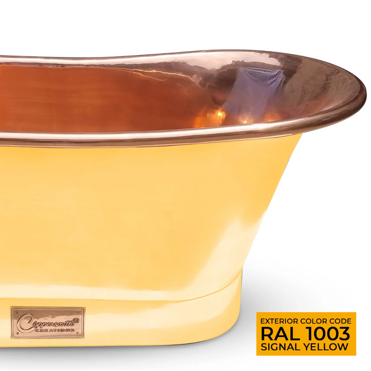 Straight Base Copper Bathtub Polished Copper Interior & RAL 1003 Signal Yellow Exterior