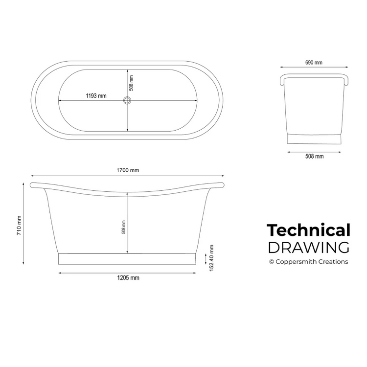 Straight Base Copper Bathtub Polished Copper Interior & RAL 1003 Signal Yellow Exterior