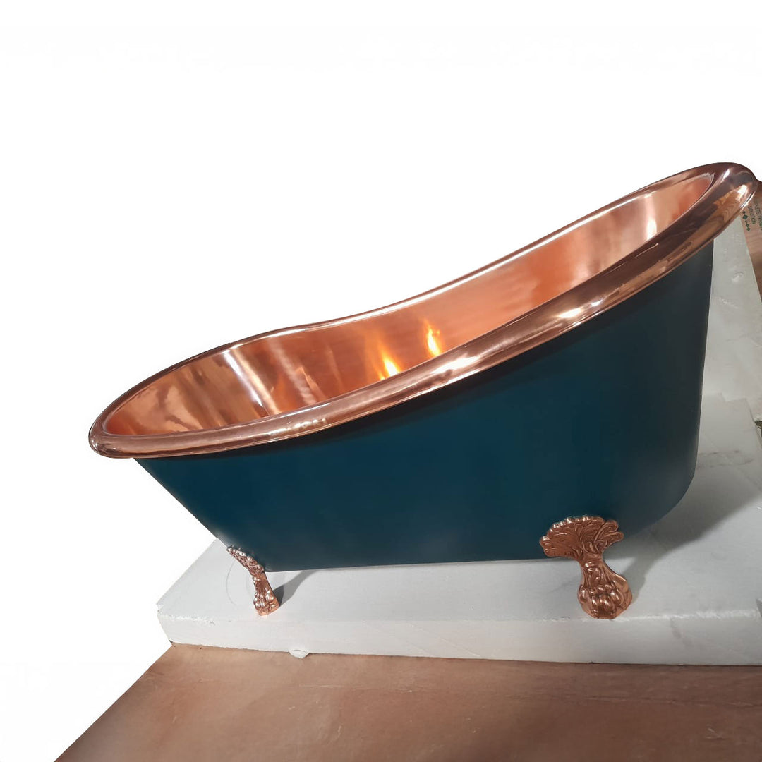 Copper Bathtub RAL 6004 Blue-Green Exterior & Copper Clawfoot Legs
