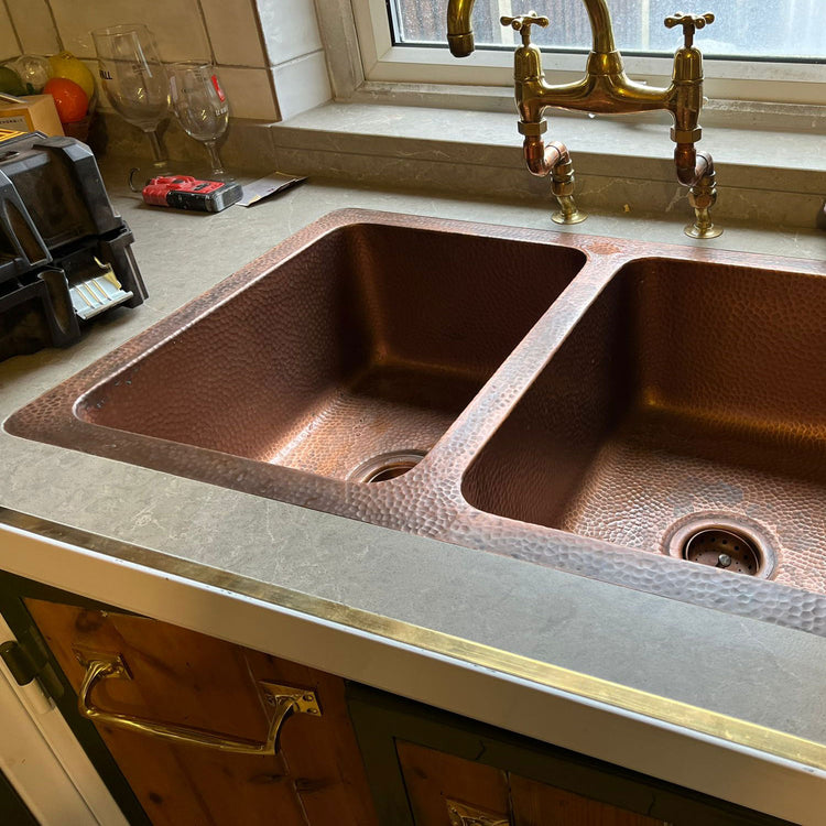 Double Bowl Single Wall Copper Kitchen Sink Hammered Antique Finish (without front apron)