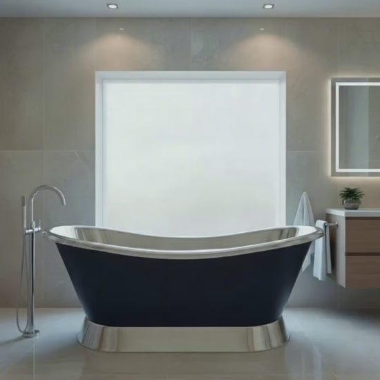 Slanting Base Copper Bathtub Nickel Inside & on Base RAL5022 Night Blue Outside