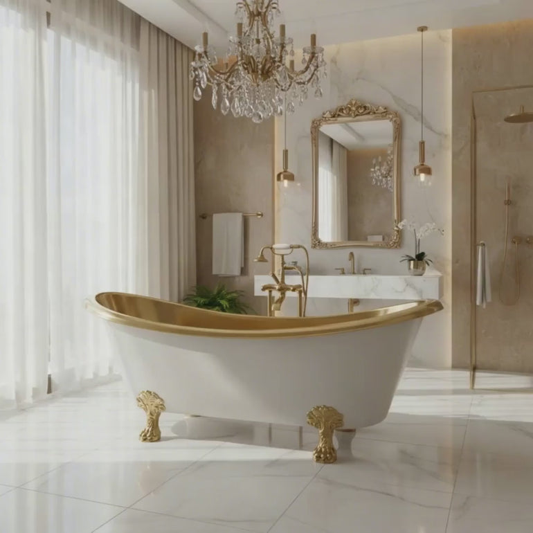 Clawfoot Brass Bathtub Polished Brass Interior & Matt White Exterior Finish