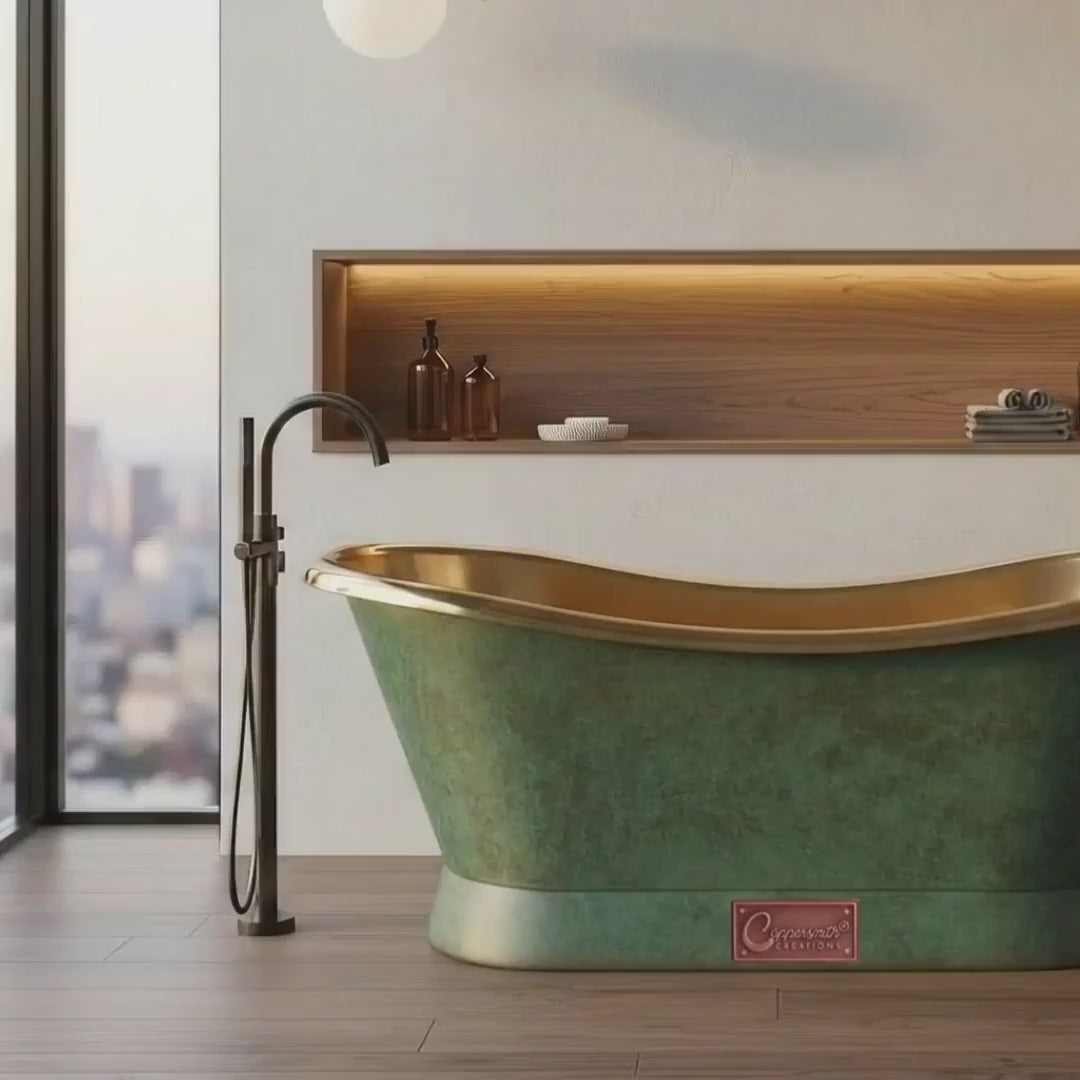 Slanting Base Brass Bathtub Polished Brass Inside & Patina Outside