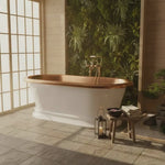 Load and play video in Gallery viewer, Pedestal Copper Bathtub White Powder Coated Exterior &amp; Polished Copper Interior
