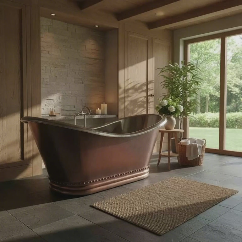 Ribbed Base Smooth Double Slipper Nickel Interior Copper Bathtub
