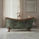 Load and play video in Gallery viewer, Hammered Clawfoot Copper Double Slipper Tub Blue-Green Patina Exterior
