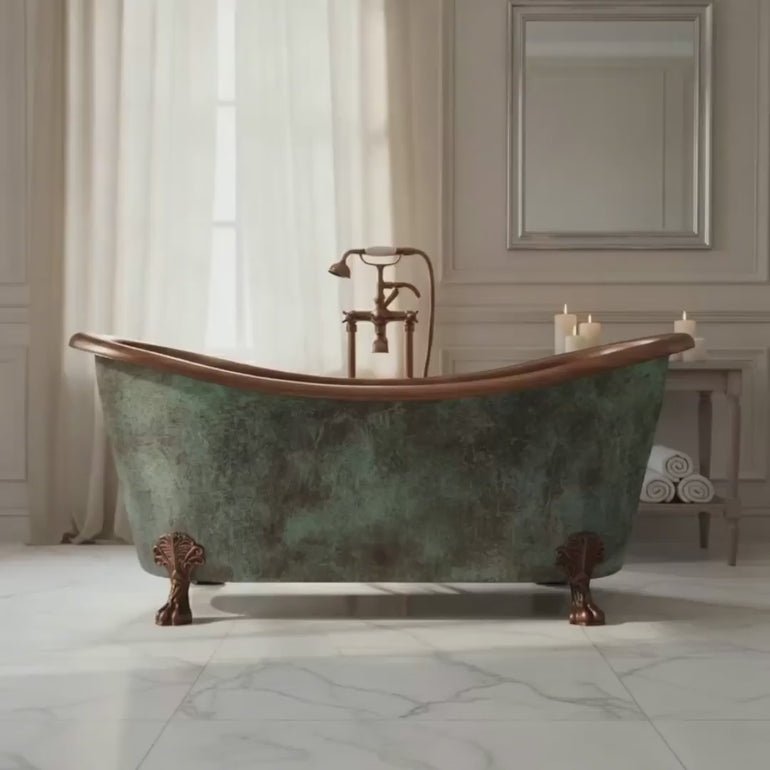 Hammered Clawfoot Copper Double Slipper Tub Blue-Green Patina Exterior