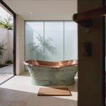 Load and play video in Gallery viewer, Slanting Base Copper Bathtub Hammered Antique Copper Interior &amp; Patina Exterior Finish
