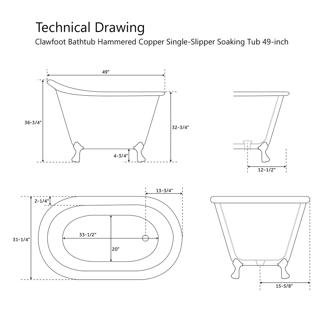 Clawfoot Bathtub Hammered Copper Single-Slipper Soaking Tub 49-inch