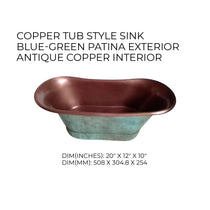 Copper Tub Style Sink Blue Green Patina Exterior Antique Copper Interior