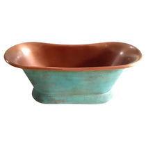 Slanting Base Copper Bathtub Copper Interior & Blue Green Patina Exterior Finish