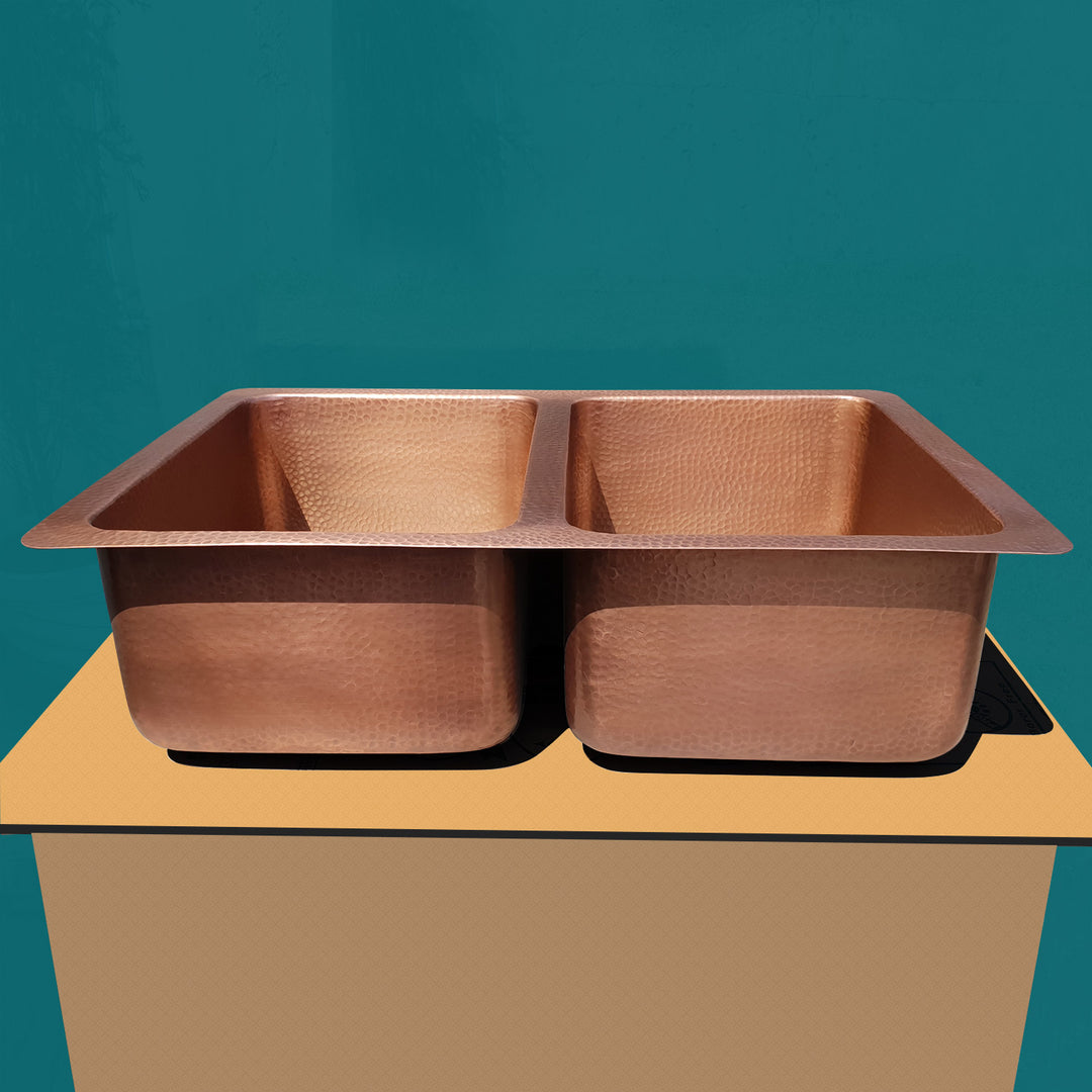 Double Bowl Hammered Front Apron Copper Kitchen Sink Antique Finish