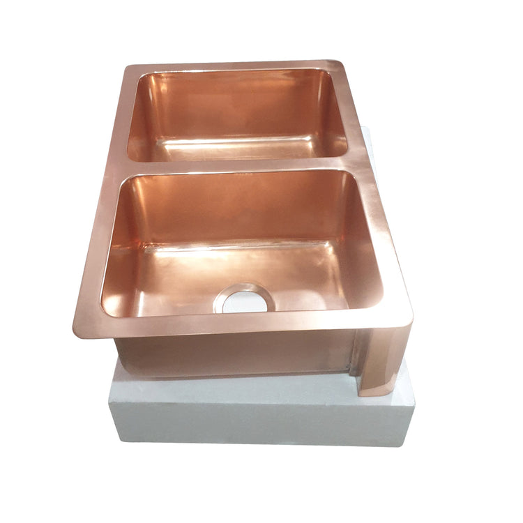 Double Bowl Copper Kitchen Sink Front Apron Smooth Shining Copper Finish