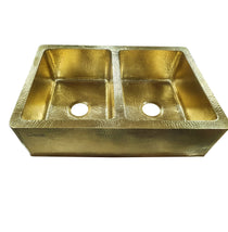 Double Bowl Hammered Front Apron Shining Brass Kitchen Sink