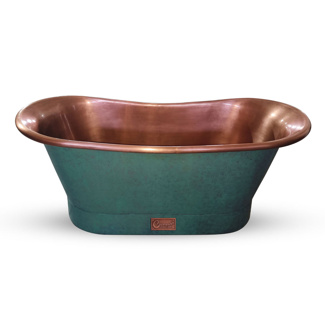 Straight Base Copper Bathtub Antique Copper Interior & Blue Green Patina variant 2 Exterior Finish