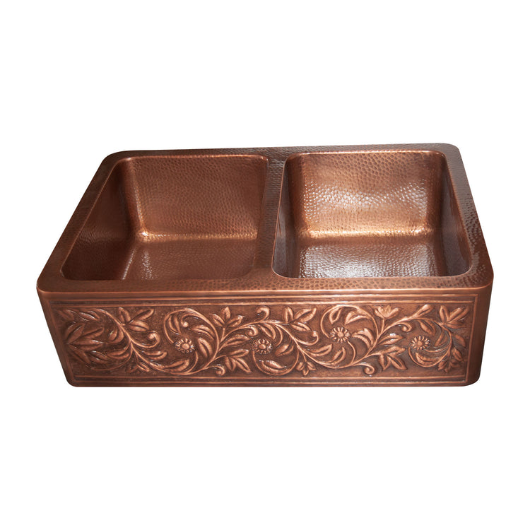 Double Bowl Copper Kitchen Sink Embossed Front Apron Hammered Antique Finish