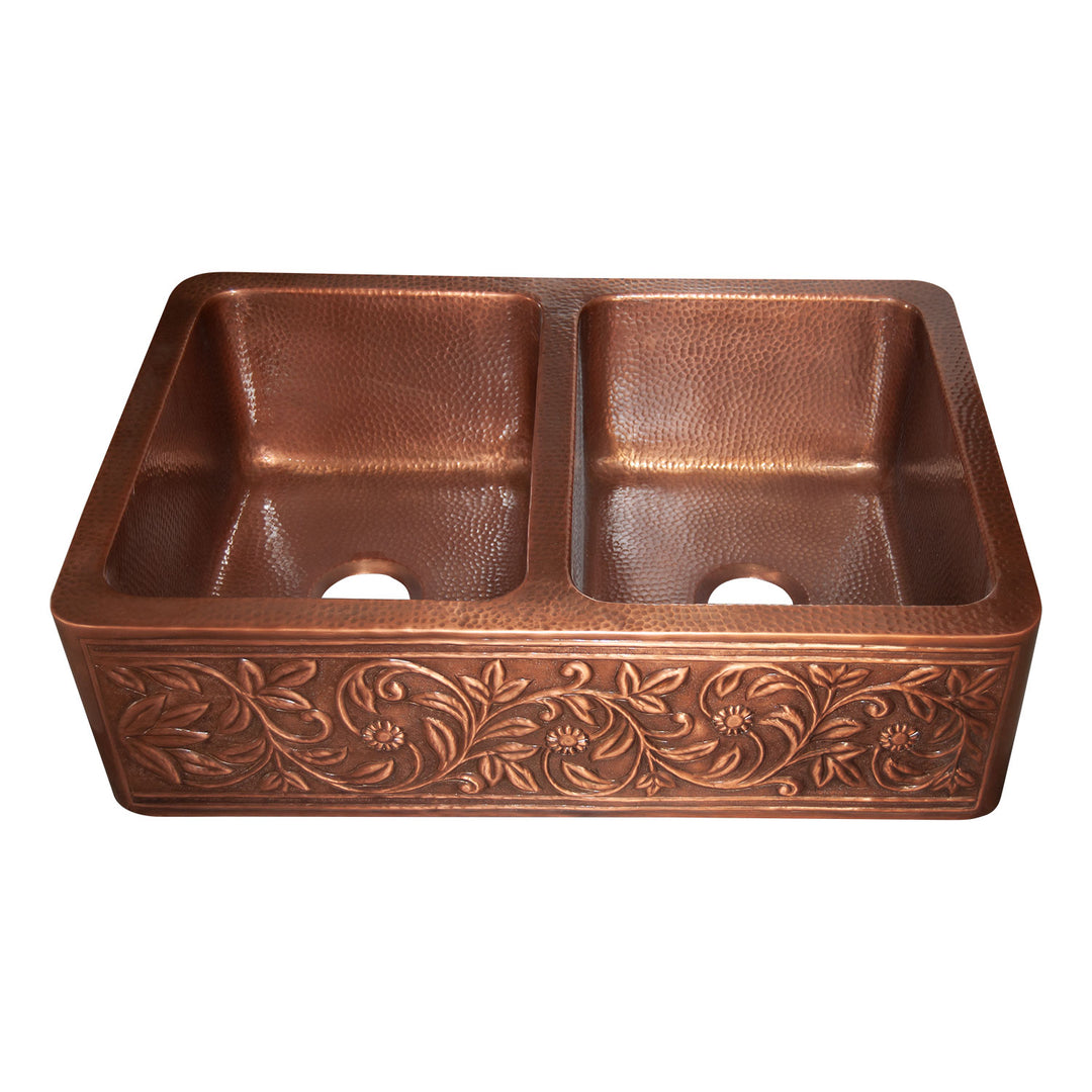 Double Bowl Copper Kitchen Sink Embossed Front Apron Hammered Antique Finish