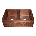 Load image into Gallery viewer, Double Bowl Copper Kitchen Sink Embossed Front Apron Hammered Antique Finish

