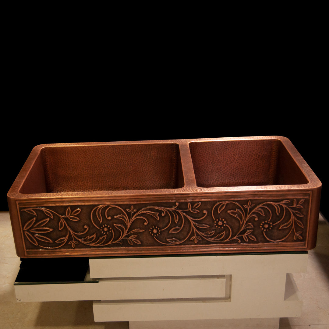 Copper Kitchen Sink 60-40 Split Embossed Hammered Antique
