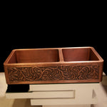 Load image into Gallery viewer, Copper Kitchen Sink 60-40 Split Embossed Hammered Antique
