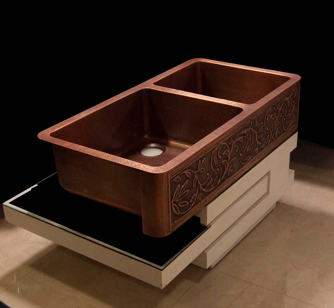 Double Bowl Vine Design Front Apron Copper Kitchen Sink 60-40 Split