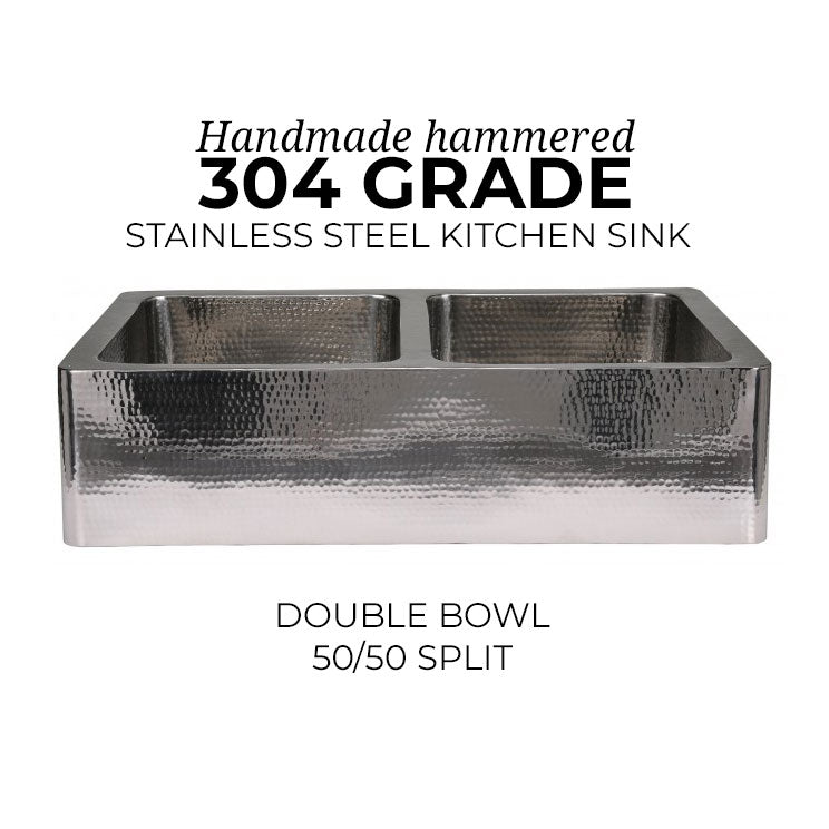 Stainless Steel Kitchen Sink Front Apron Hammered Double Bowl