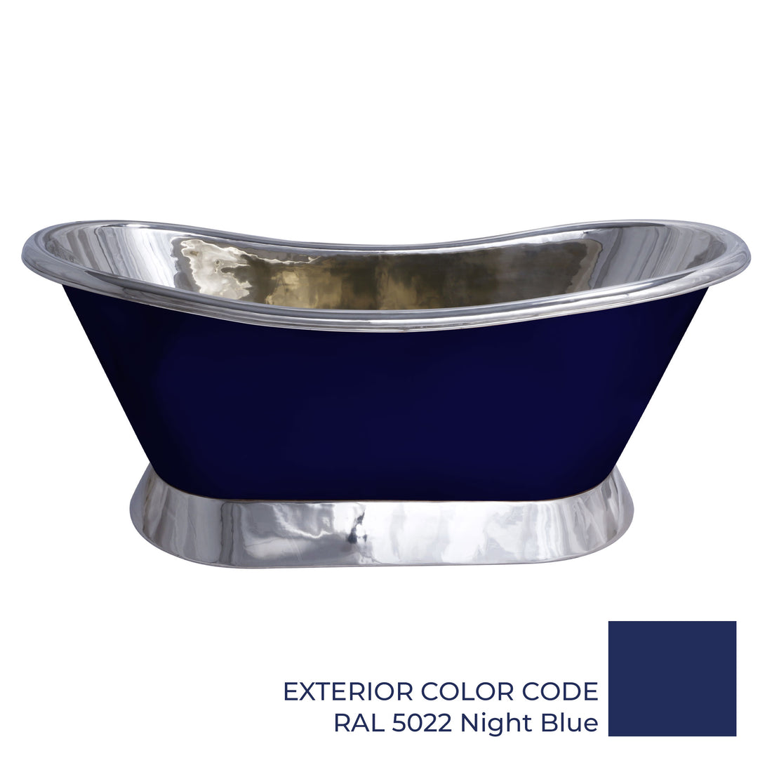 Slanting Base Copper Bathtub Nickel Inside & on Base RAL5022 Night Blue Outside