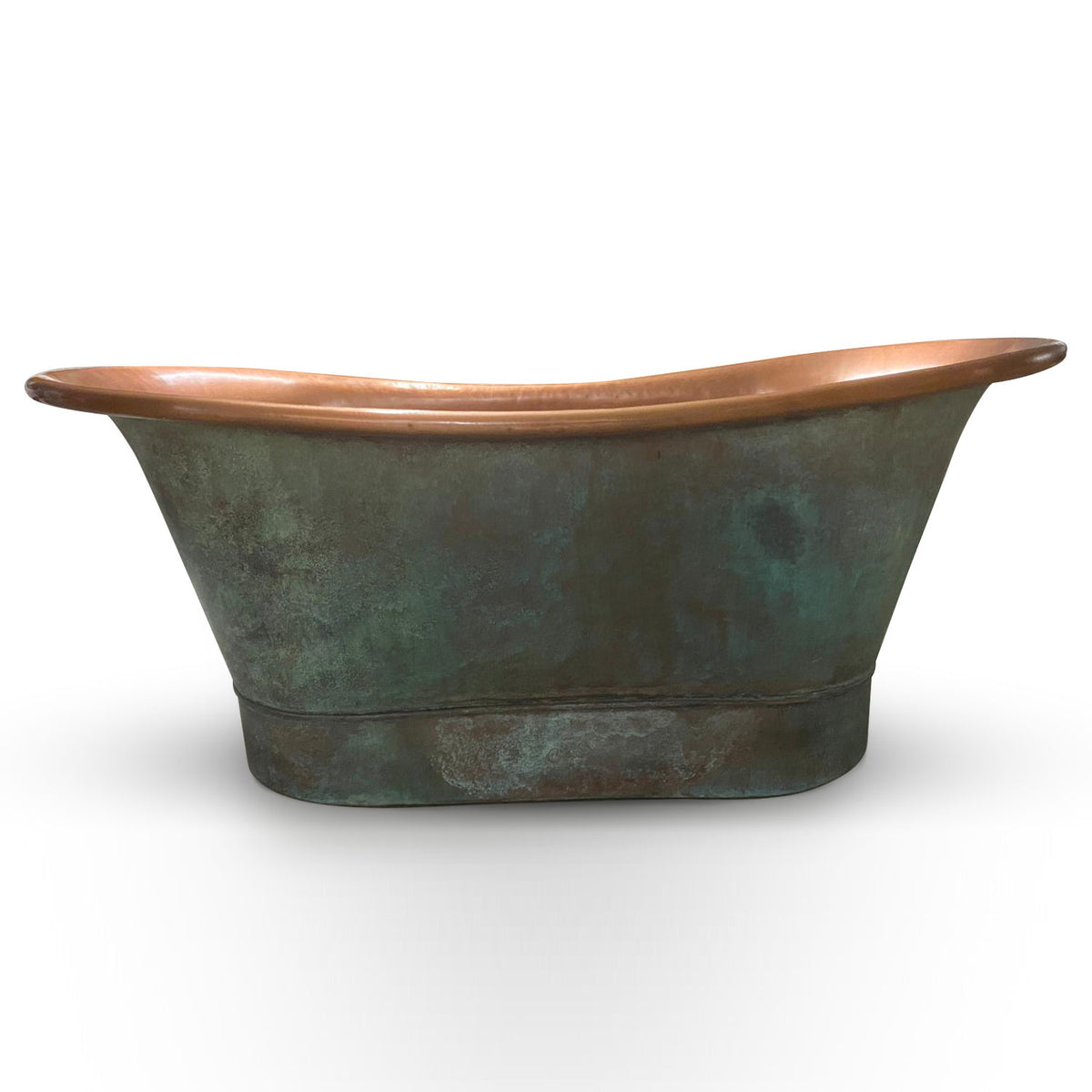 Copper bathtub copper interior & blue green patina exterior with beading on base
