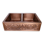 Load image into Gallery viewer, Double Bowl Petal Front Apron Copper Kitchen Sink
