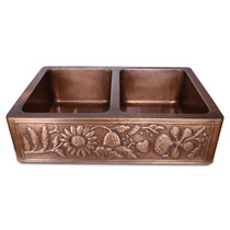 Double Bowl Sunflower Design Front Apron Copper Kitchen Sink