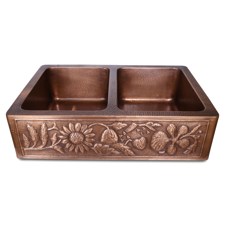 Double Bowl Sunflower Design Front Apron Copper Kitchen Sink