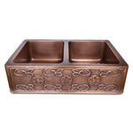 Load image into Gallery viewer, Double Bowl Three Flowers and Petals front Apron Copper Kitchen Sink
