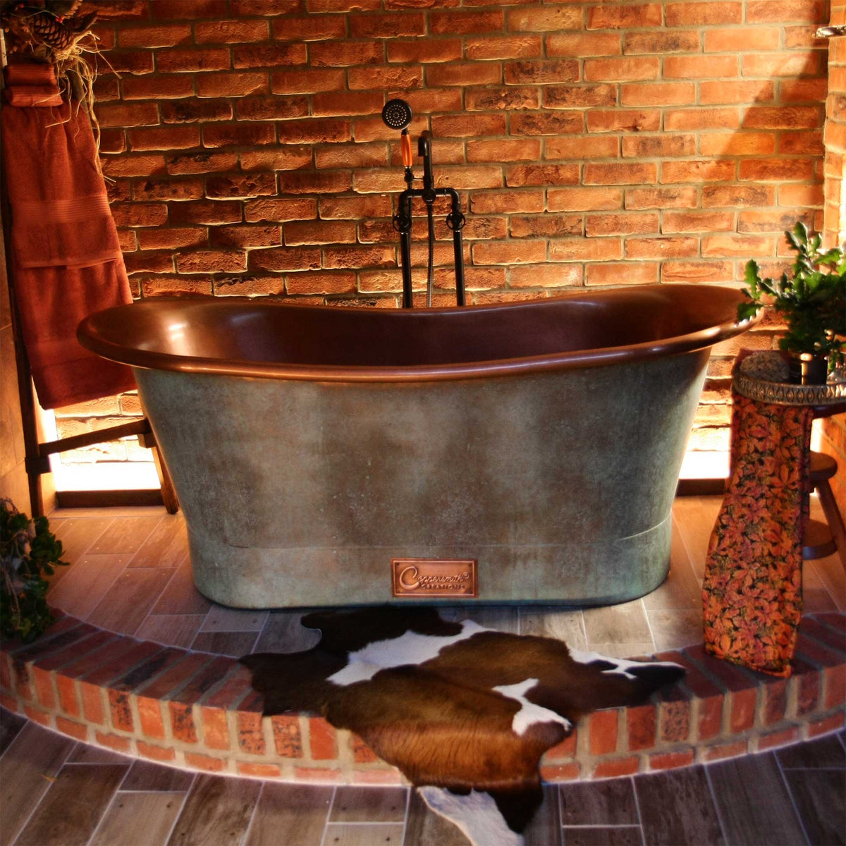 Copper bathtub copper interior & blue green patina exterior finish