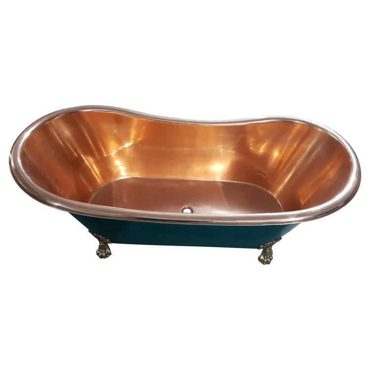 Copper Bathtub RAL 6004 Blue green Exterior & Brass Clawfoot Legs