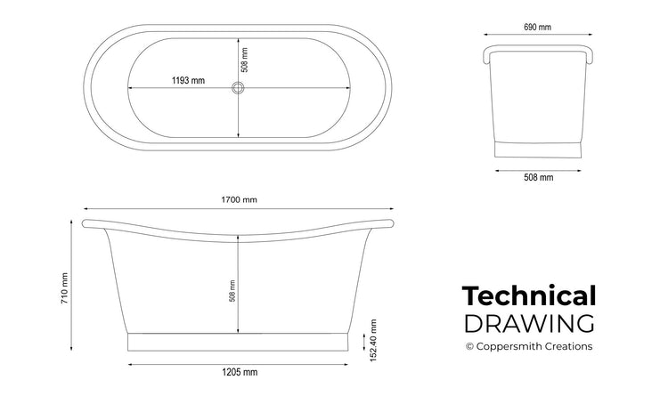 straight base copper bathtub technical drawing