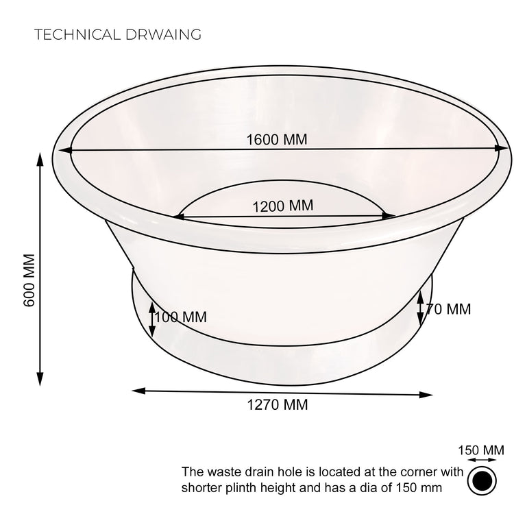 Round Copper Bathtub Technical Drawing